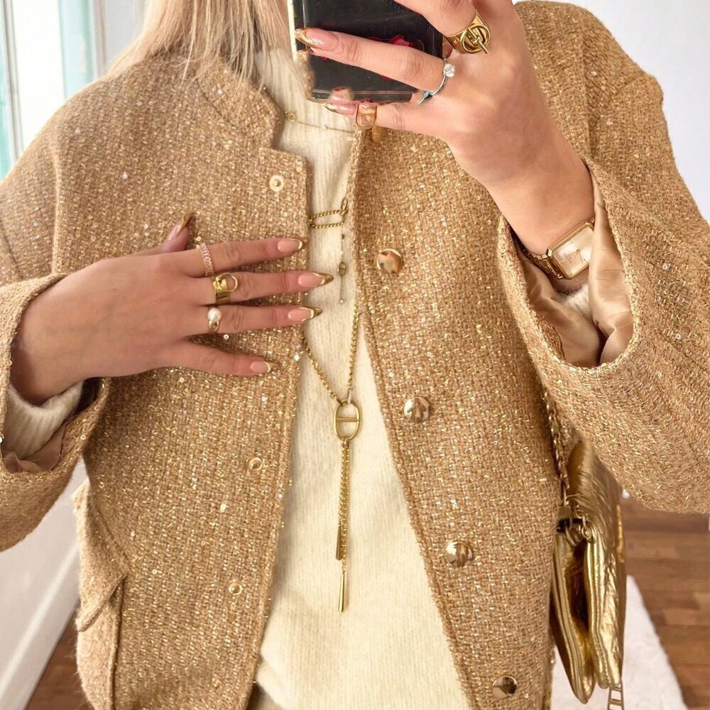 Khaki Preppy Women's Gold Sequin Tweed Jacket